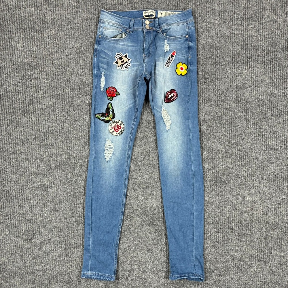 Indigo Rein Womens Ankle Skinny Jeans 7 Blue Denim Distressed Patch Low Rise